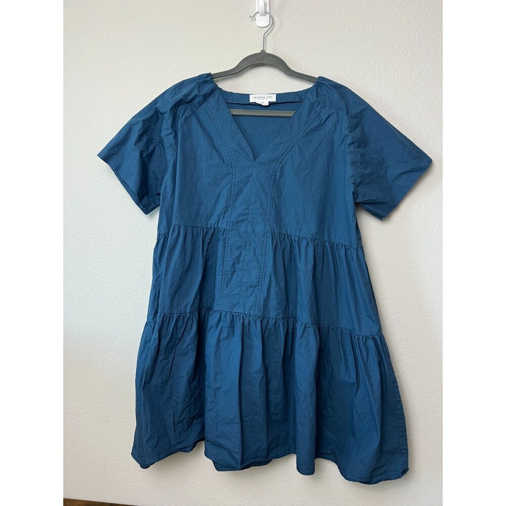 ChicSoul Blue Cotton V-Neck Tunic Dress Size 1X Short Sleeve Blouse